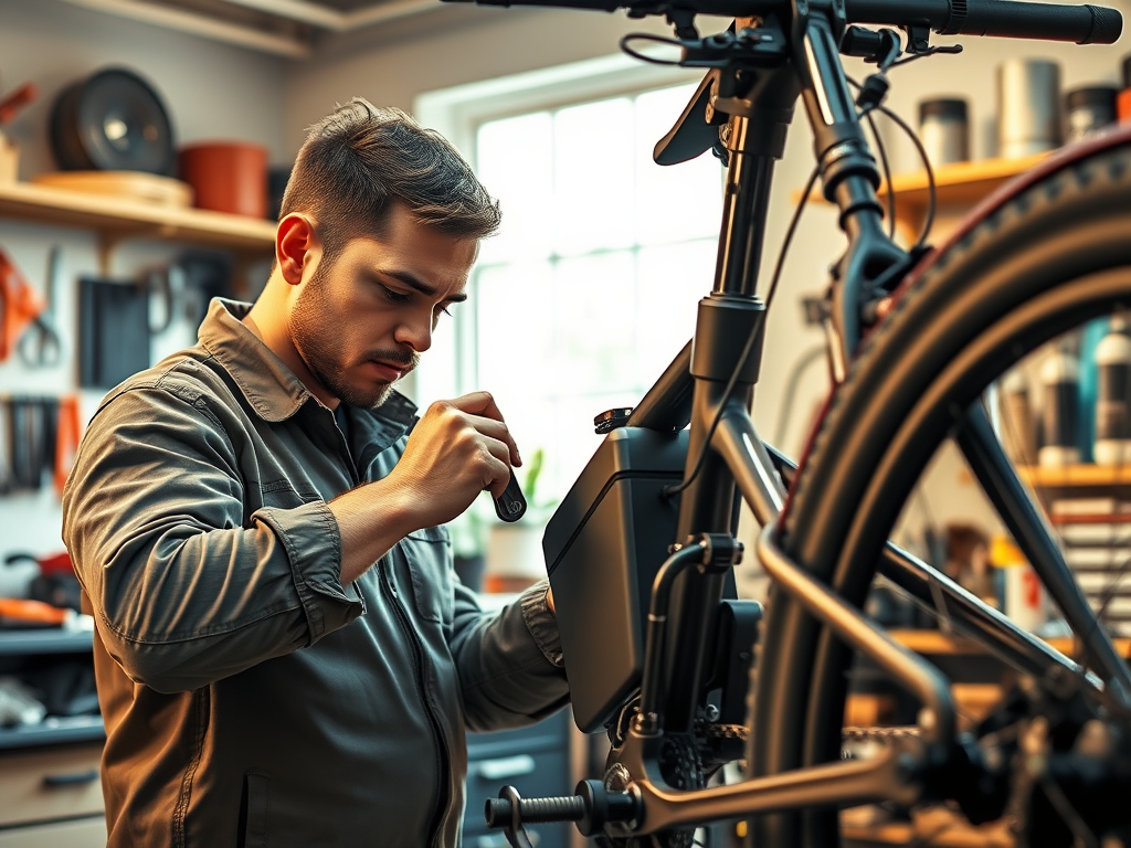 Illustrazione di una persona che fa manutenzione alla sua e-bike