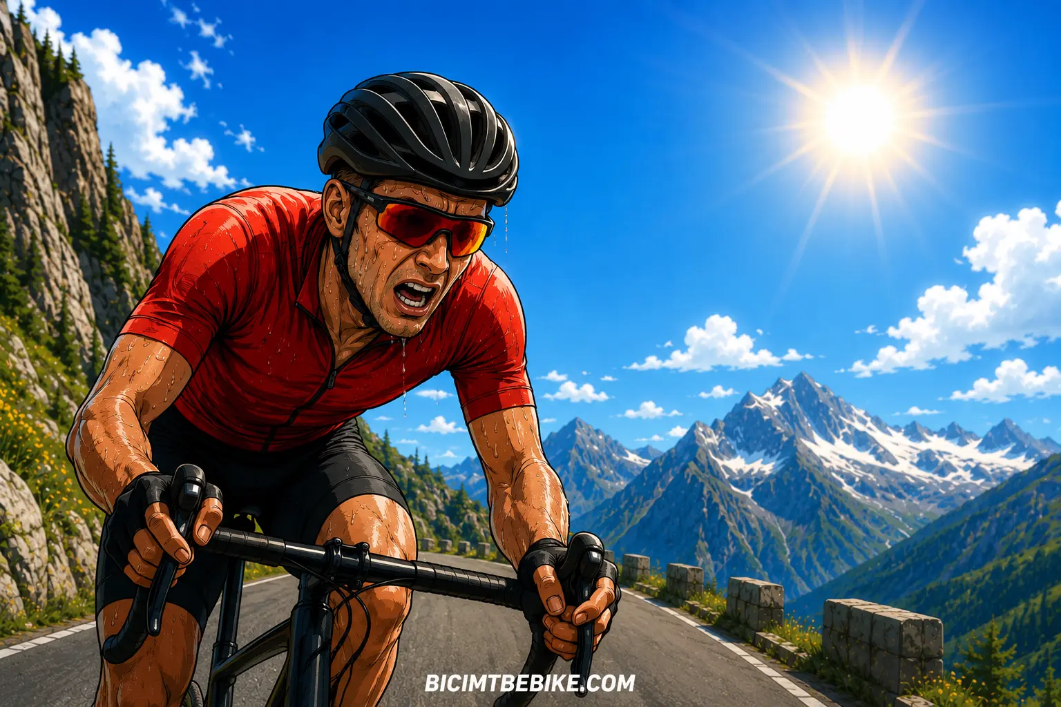 Disegno di un ciclista che pedala col caldo in estate