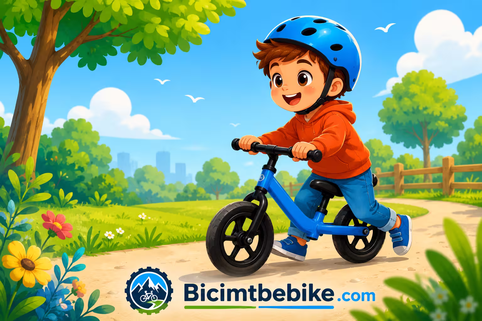 Illustrazione di un bimbo che va su una bici senza pedali